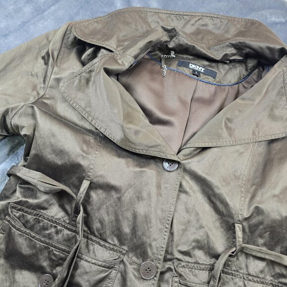 DKNY Womens Brown Trench Coat Lightweight Tie Waist Jacket Large - Picture 16 of 16